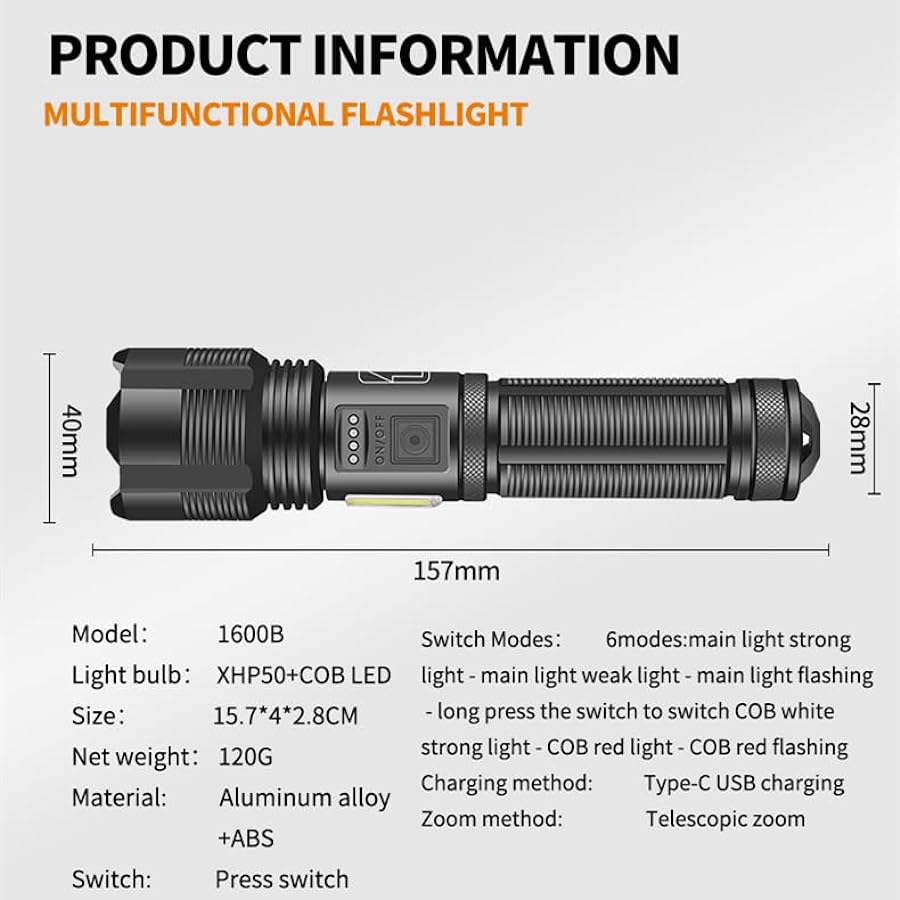 Affordable LED Rechargeable Tactical Flashlight 80000 High Lumens,Super Bright Xhp50 Flashlight with Cob Work Light,Powerful Handheld Flash Light, With 6 Light Modes, Ipx6 Waterproof, Zoomable [Classe di efficienza energetica A+++]  negozio online